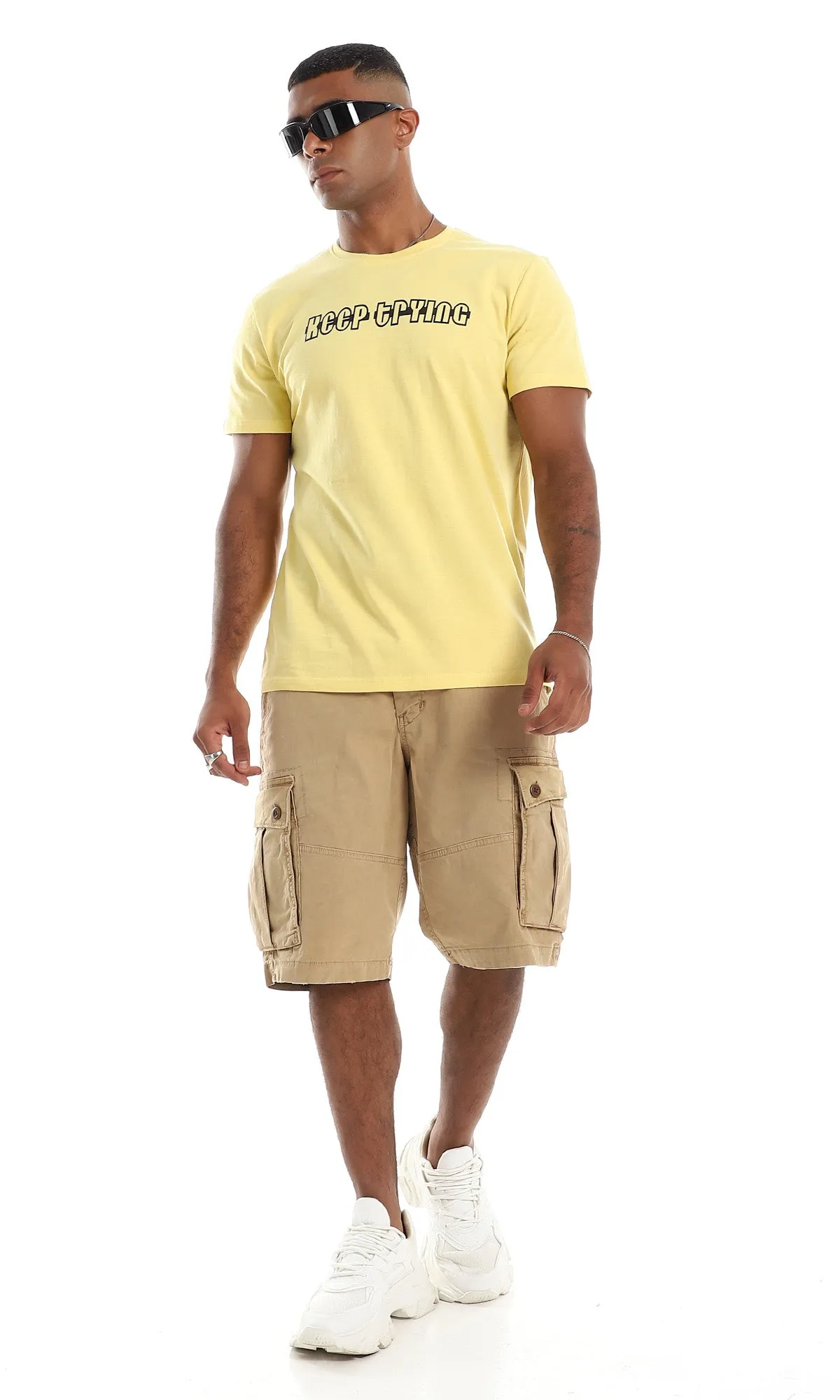 97737 "Keep Trying" Printed Cotton T-Shirt - Yellow