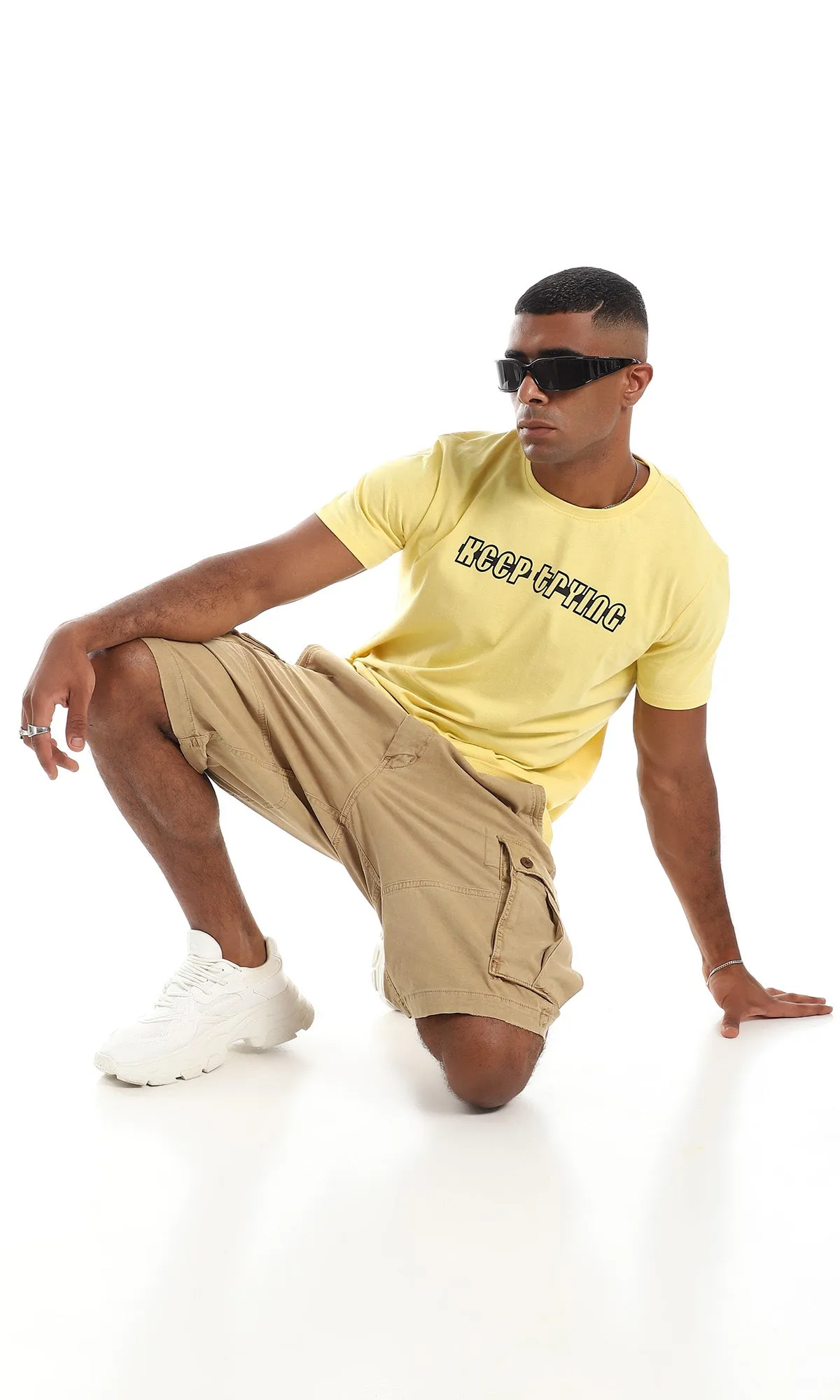 97737 "Keep Trying" Printed Cotton T-Shirt - Yellow
