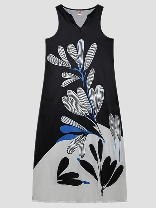 A Line Dress Maxi long Dress Black Sleeveless Floral Leopard Print Summer V Neck Stylish  5XL for Women