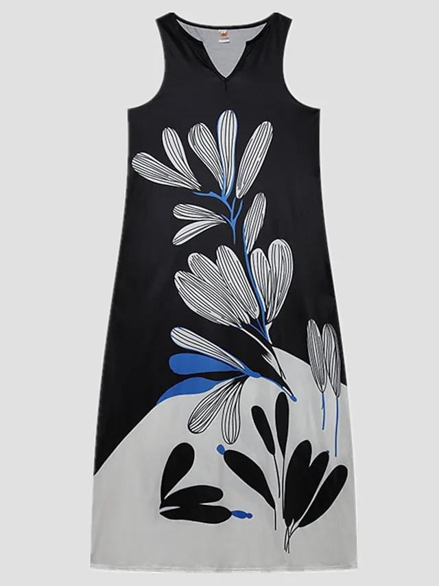 A Line Dress Maxi long Dress Black Sleeveless Floral Leopard Print Summer V Neck Stylish  5XL for Women
