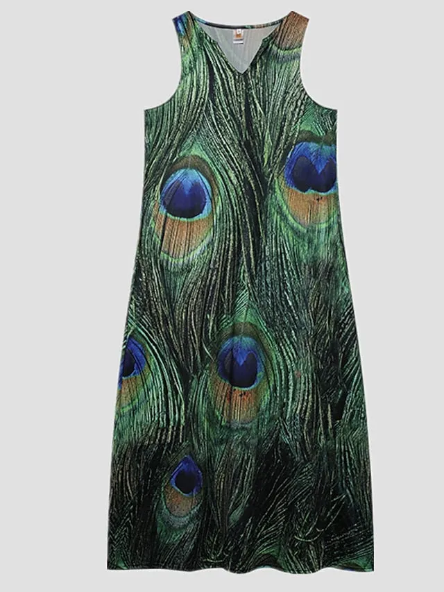 A Line Dress Maxi long Dress Black Sleeveless Floral Leopard Print Summer V Neck Stylish  5XL for Women
