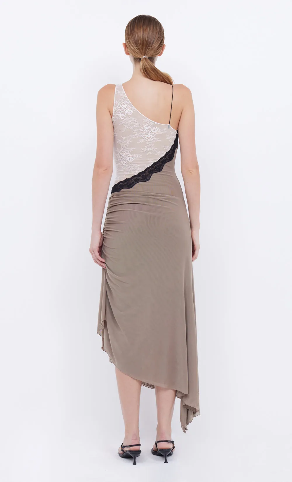 ABRIELLE ASYM MIDI DRESS - TAUPEE/IVORY