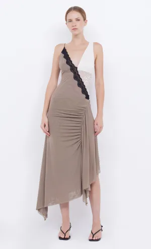 ABRIELLE ASYM MIDI DRESS - TAUPEE/IVORY