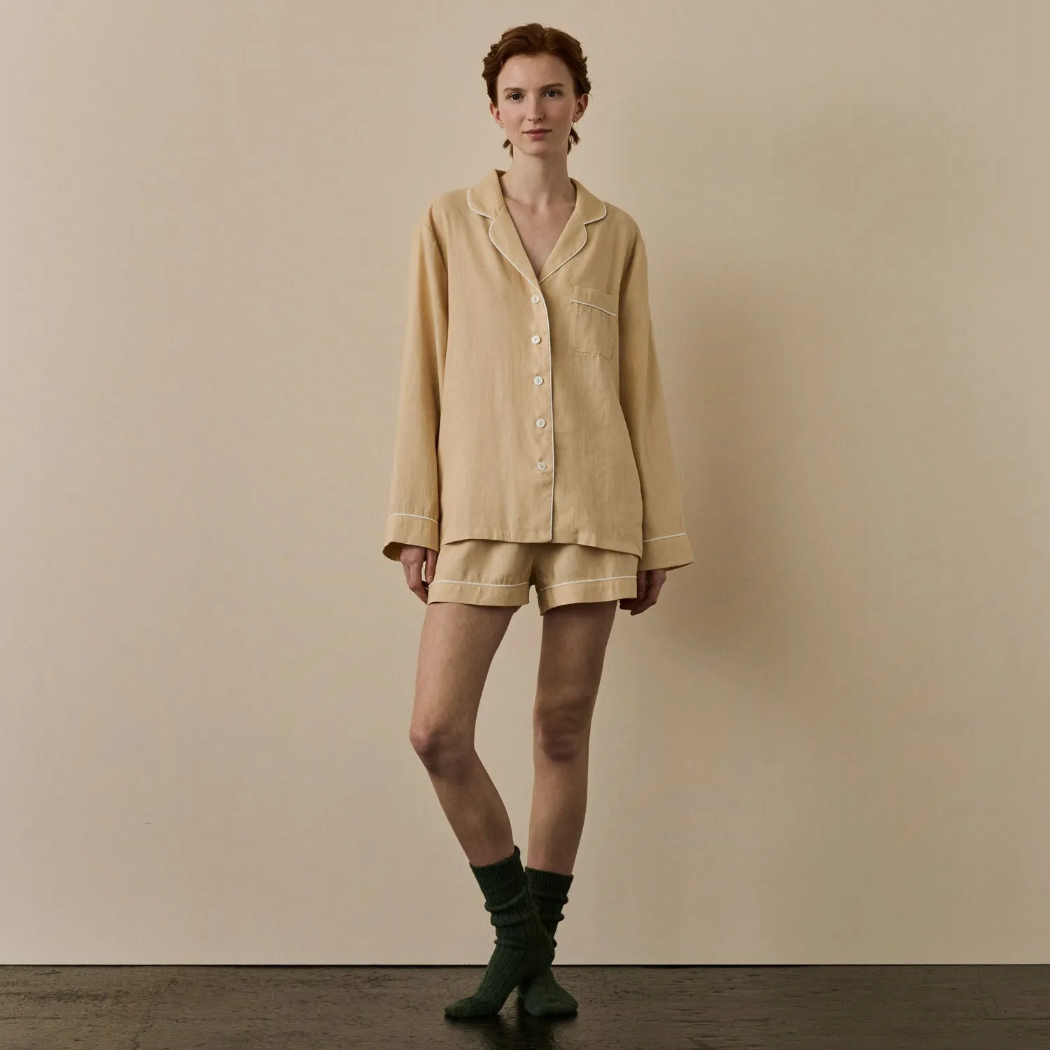 Almond Linen Pajama Shorts Set