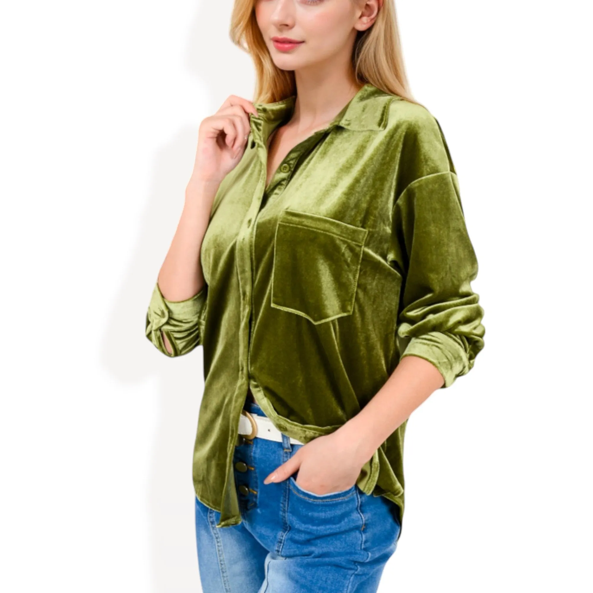 Anna-Kaci Women's Long Sleeve Velvet Button-Up Shirt with Chest Pocket