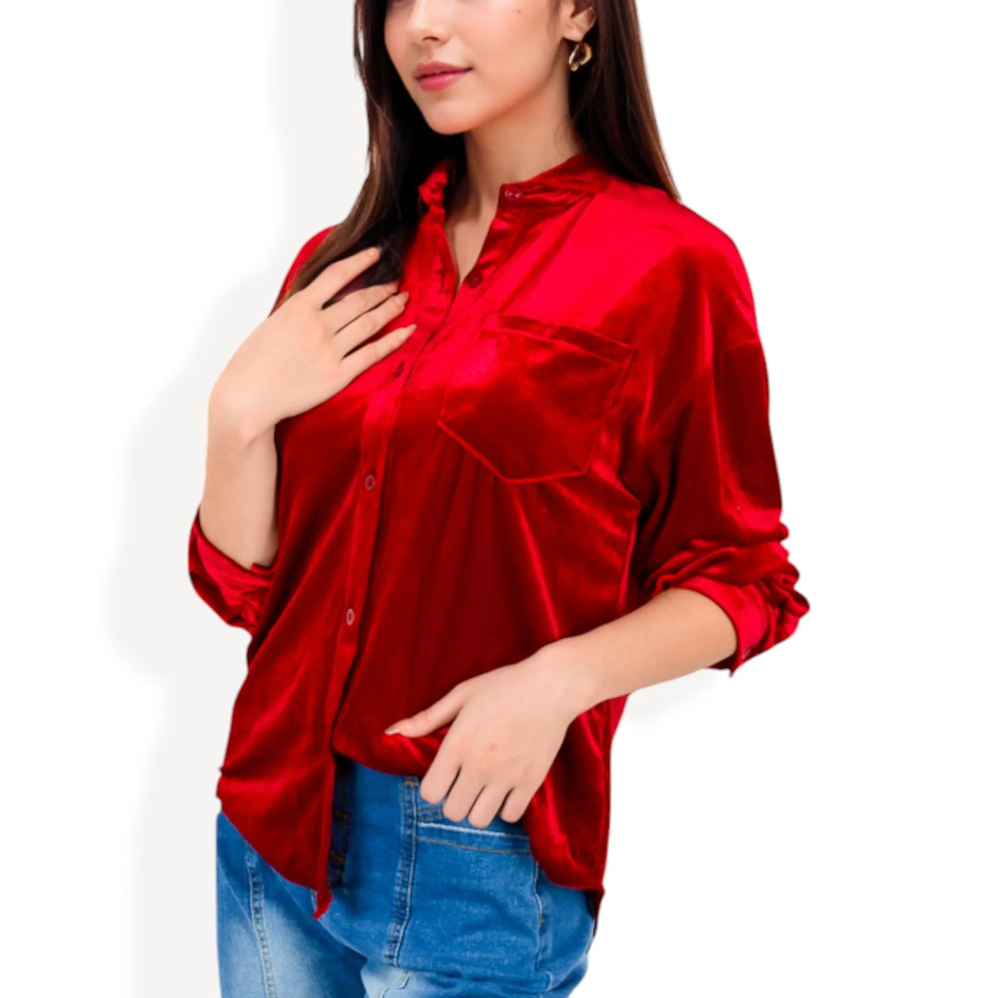 Anna-Kaci Women's Long Sleeve Velvet Button-Up Shirt with Chest Pocket