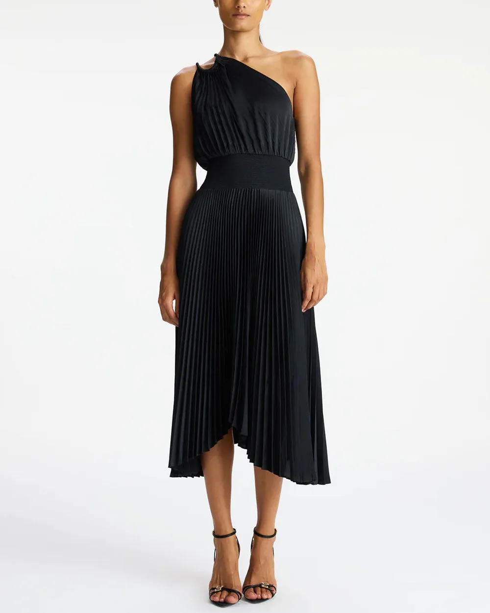 Black Ruby Satin Pleated Midi Dress