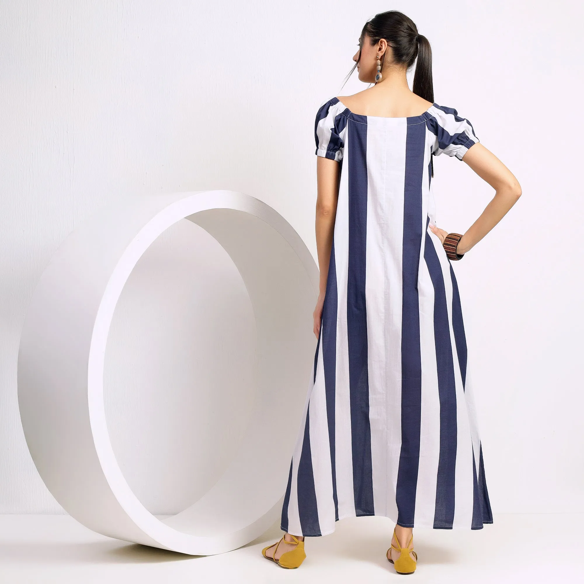 Blue and White Striped Dress with Relaxed Fit and Dropped Shoulders