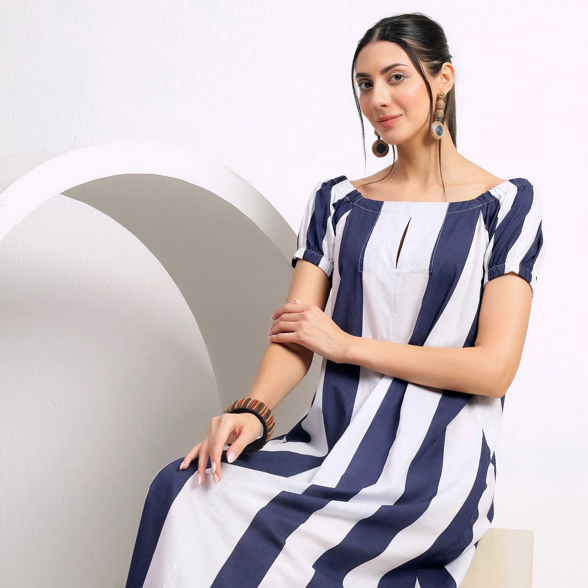 Blue and White Striped Dress with Relaxed Fit and Dropped Shoulders