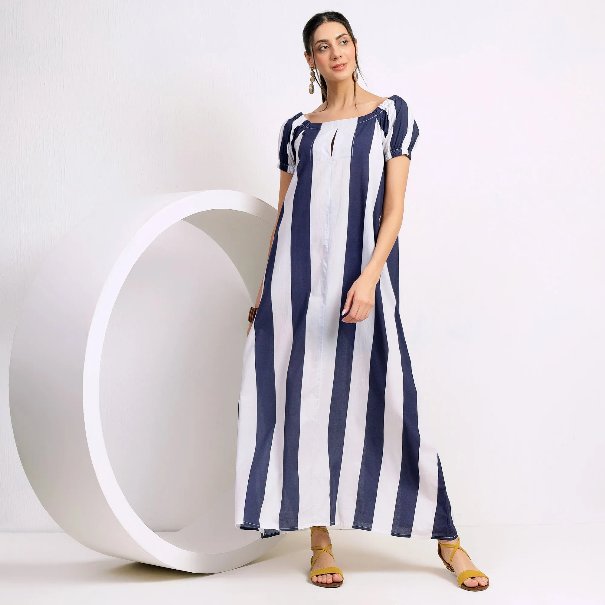 Blue and White Striped Dress with Relaxed Fit and Dropped Shoulders