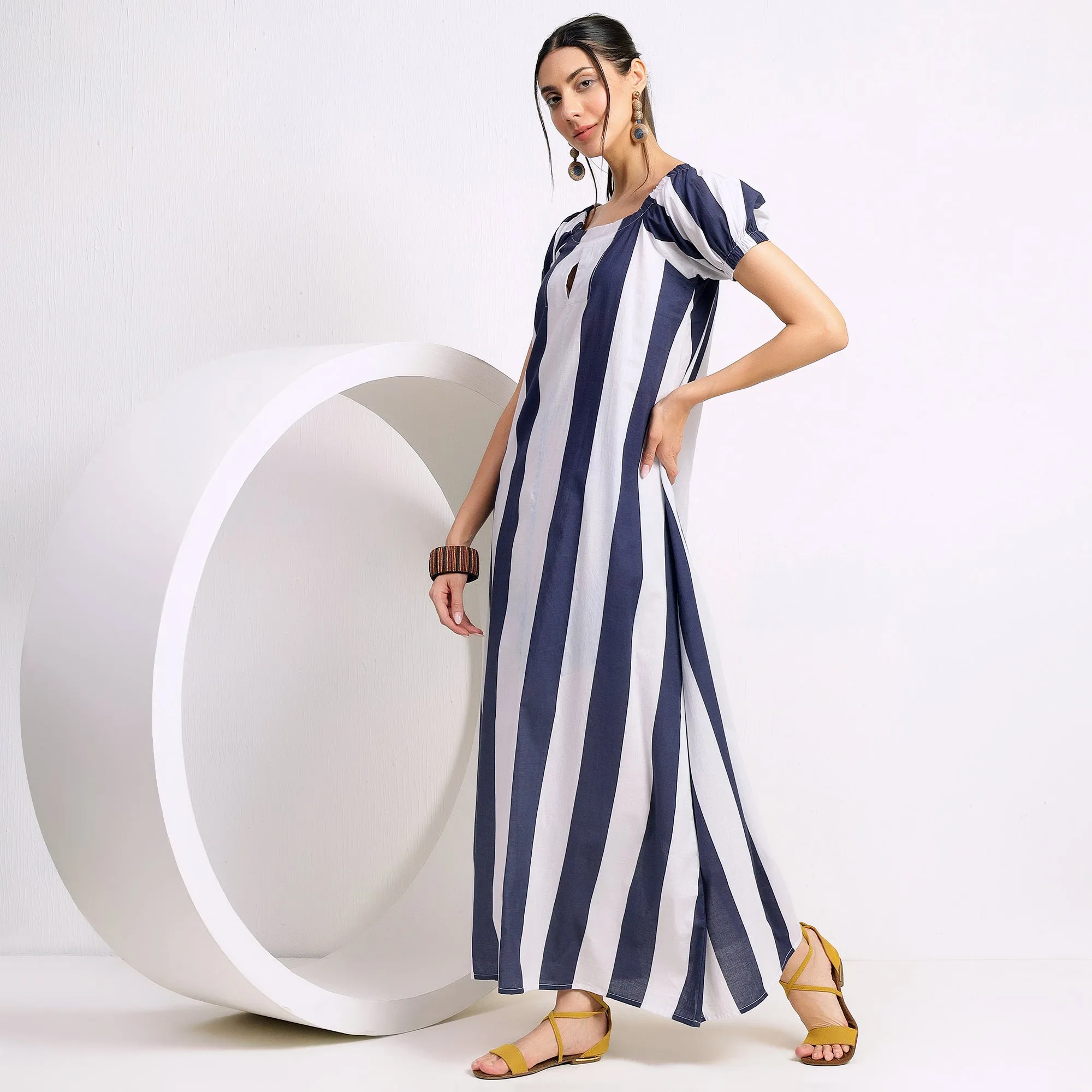 Blue and White Striped Dress with Relaxed Fit and Dropped Shoulders