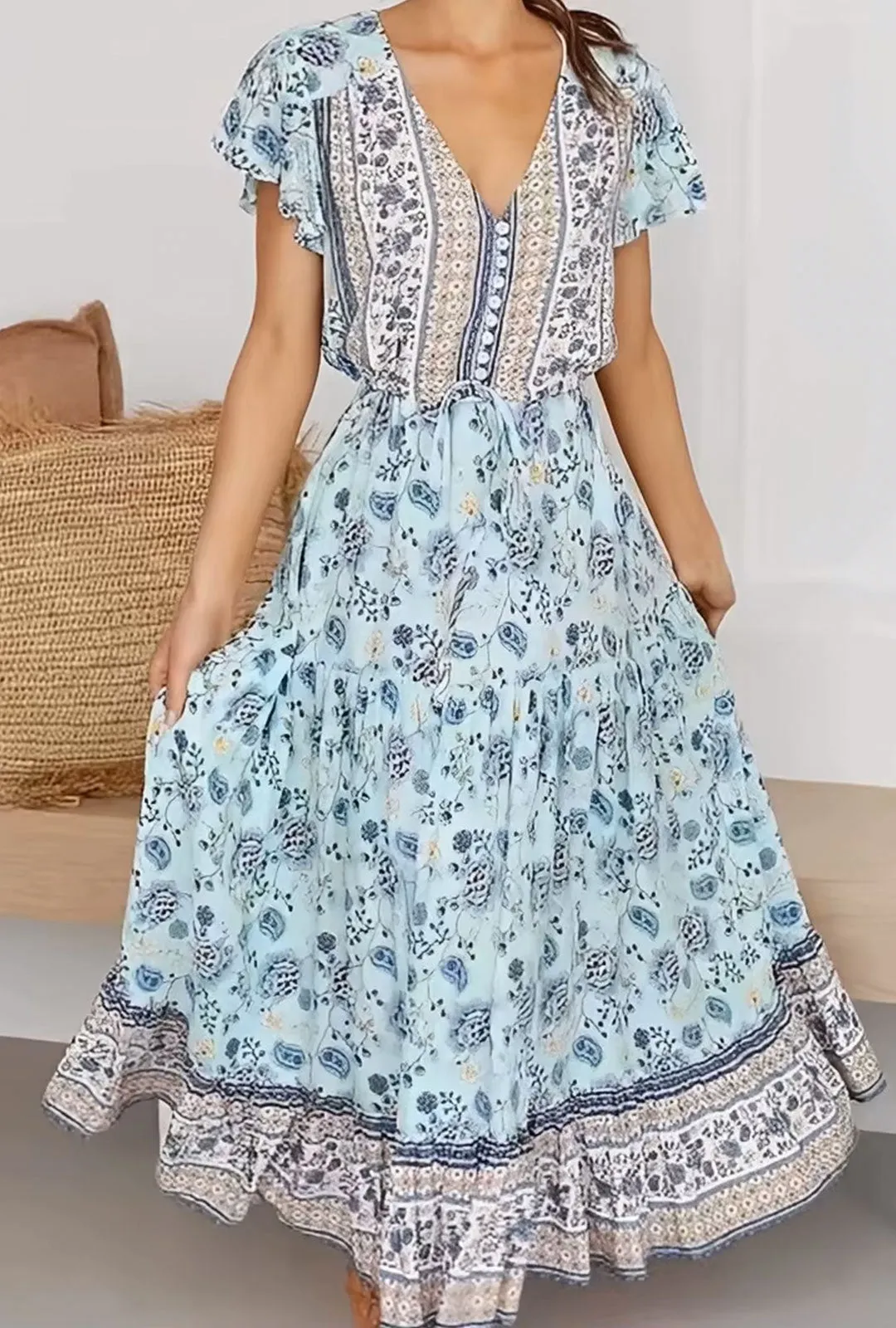 Boho Maxi Dress - Bohemian Dress – Addison in Pink and Green, Flowy Summer Sundress