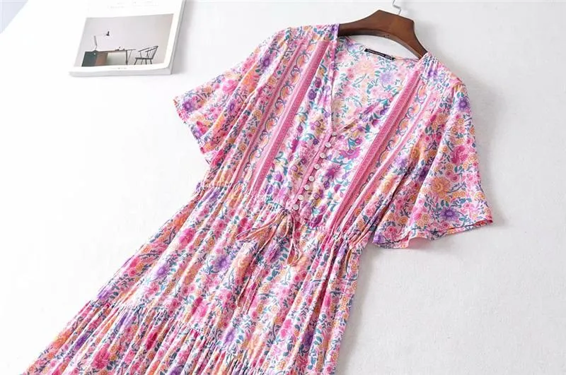 Boho Maxi Dress, Sundress, Wild Floral in Pink