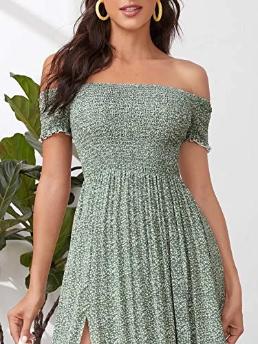 Burnt Orange Women's Boho Floral Print Off Shoulder Split Long A Line Dress - Floerns