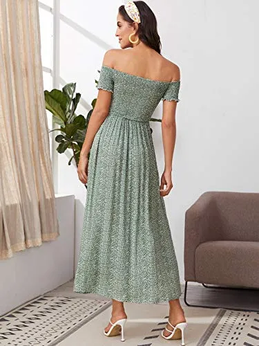 Burnt Orange Women's Boho Floral Print Off Shoulder Split Long A Line Dress - Floerns