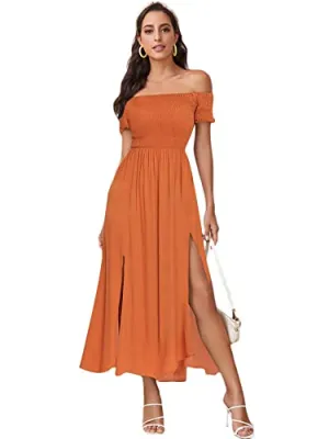 Burnt Orange Women's Boho Floral Print Off Shoulder Split Long A Line Dress - Floerns