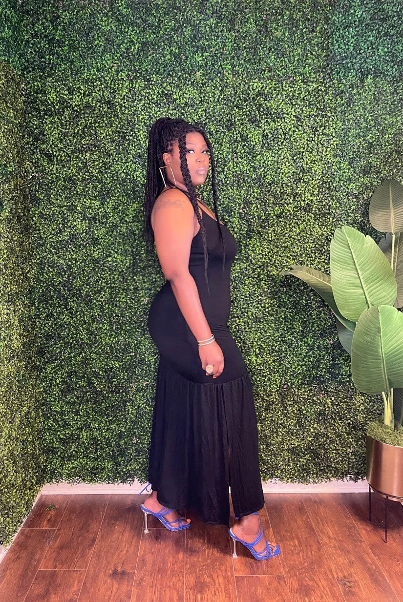 Cami Open Slit Solid Maxi Dress (Black)