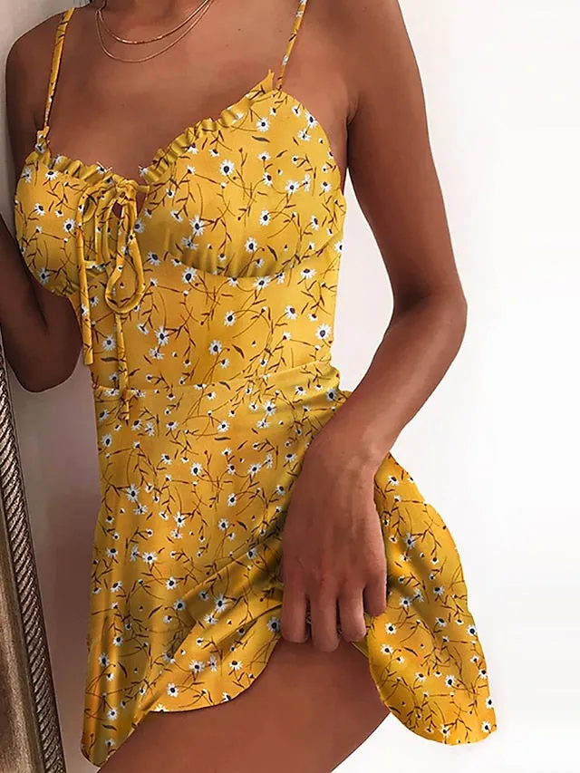 Casual Dress Sundress Floral Dress Mini Dress Dark Yellow Light Pink White Sleeveless Floral Lace up Spring Summer Spaghetti Strap Hot Vacation Weekend Slim  S M L XL XXL 3XL 4XL 5XL for Women
