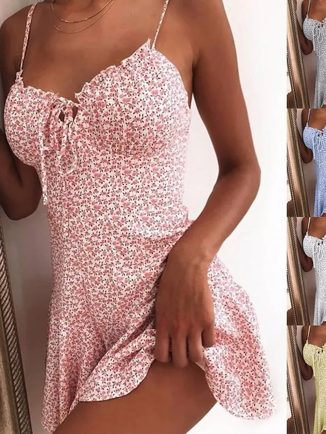Casual Dress Sundress Floral Dress Mini Dress Dark Yellow Light Pink White Sleeveless Floral Lace up Spring Summer Spaghetti Strap Hot Vacation Weekend Slim  S M L XL XXL 3XL 4XL 5XL for Women