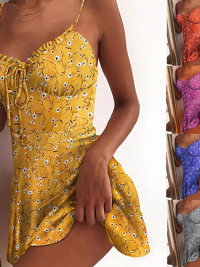 Casual Dress Sundress Floral Dress Mini Dress Dark Yellow Light Pink White Sleeveless Floral Lace up Spring Summer Spaghetti Strap Hot Vacation Weekend Slim  S M L XL XXL 3XL 4XL 5XL for Women