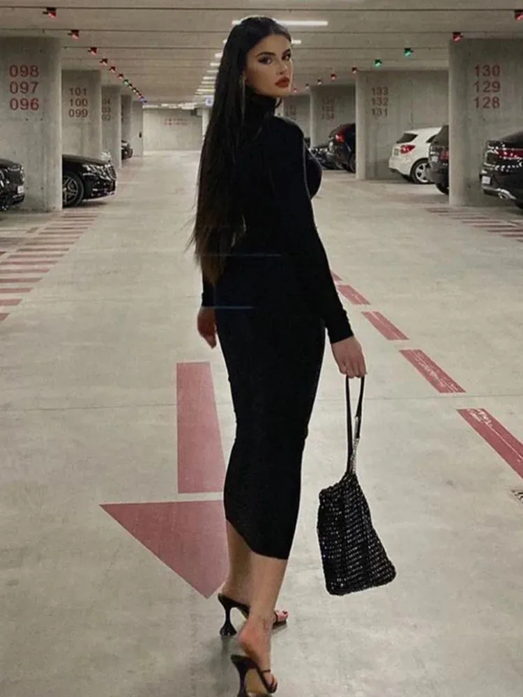 CNYISHE Women Turtleneck Black Sexy Bodycon Maxi Dress 2022 Winter Casual Streetwear Costume Casual Going Out Dresses Women Robe