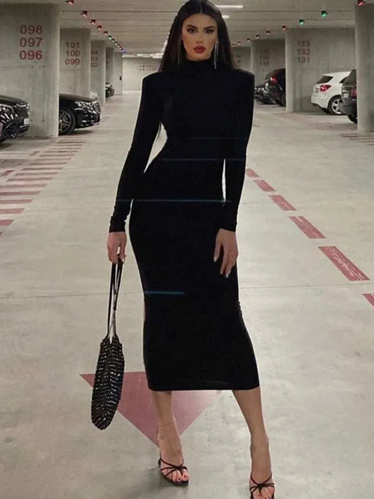 CNYISHE Women Turtleneck Black Sexy Bodycon Maxi Dress 2022 Winter Casual Streetwear Costume Casual Going Out Dresses Women Robe