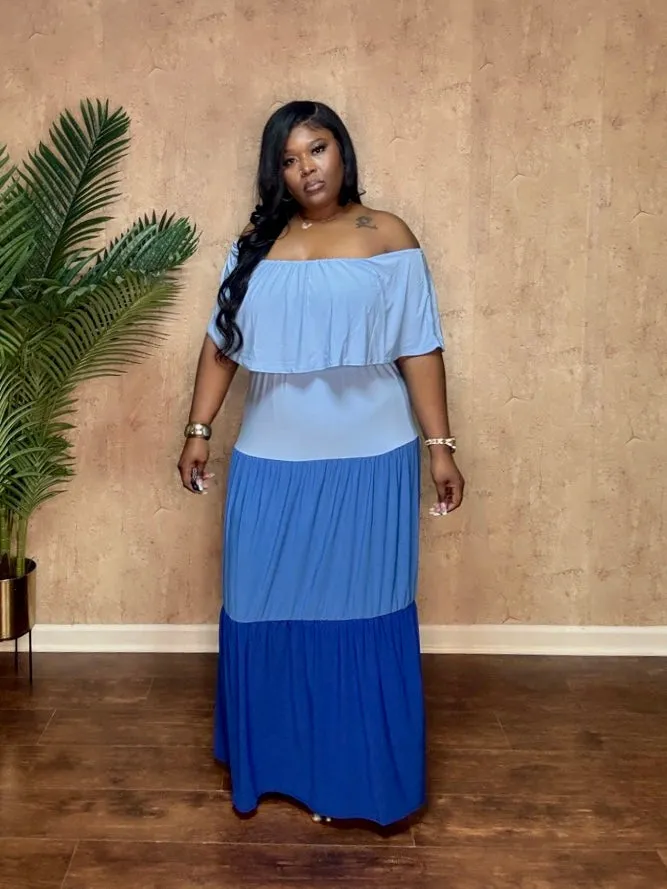 COLOR BLOCKED TIERD MAXI DRESS (Blue)