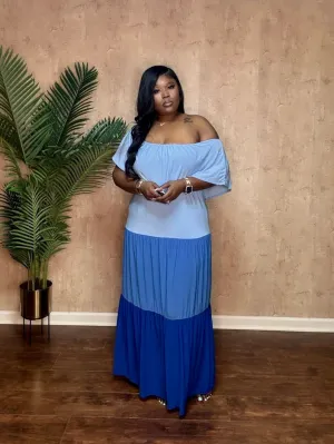 COLOR BLOCKED TIERD MAXI DRESS (Blue)