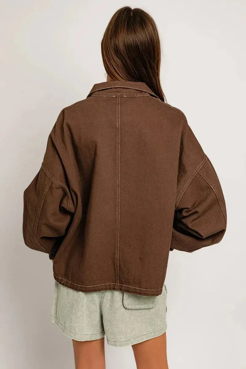 Cotton Front Pocket Denim Oversized Pullover Jacket