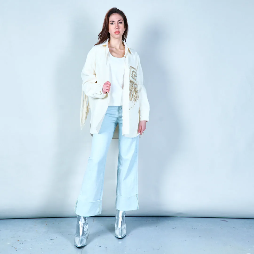 Cropped denim pants with frayed hem wholesale
