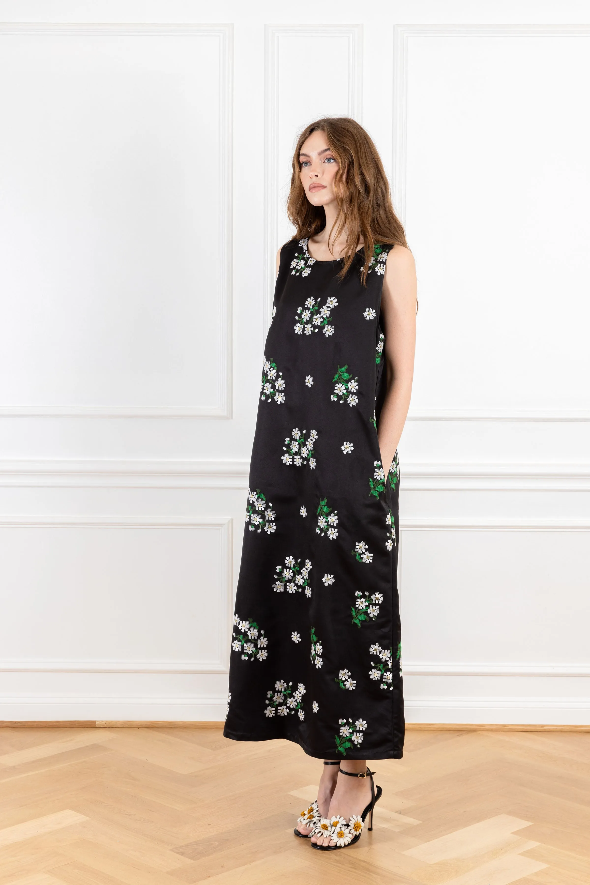 Digital Floral Embroidered Maxi A-Line Dress