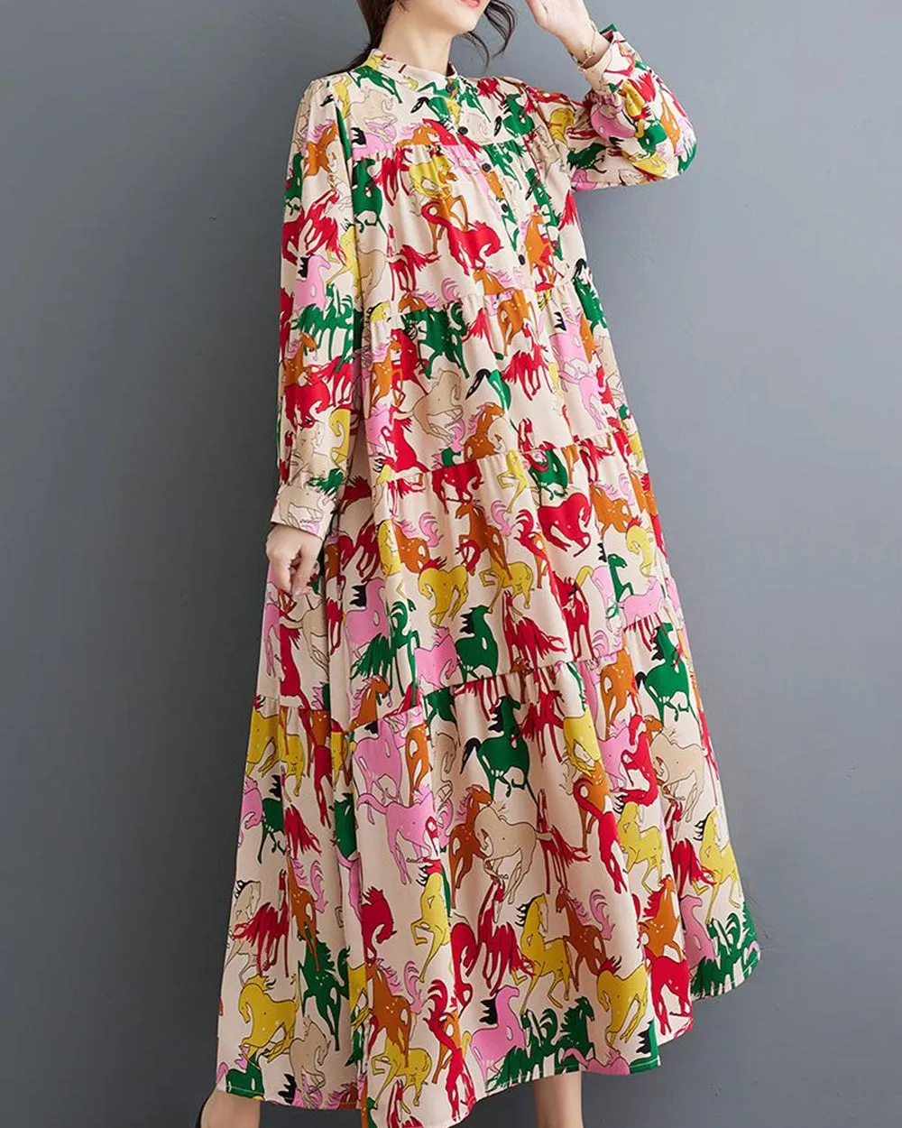 ellazhu Women's Long Sleeves Maxi Length Patchwork Floral Print Flowy Hem Dress GZ158
