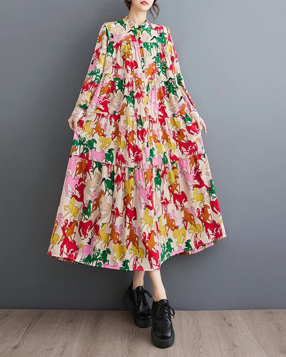 ellazhu Women's Long Sleeves Maxi Length Patchwork Floral Print Flowy Hem Dress GZ158