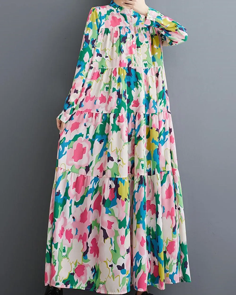 ellazhu Women's Long Sleeves Maxi Length Patchwork Floral Print Flowy Hem Dress GZ158