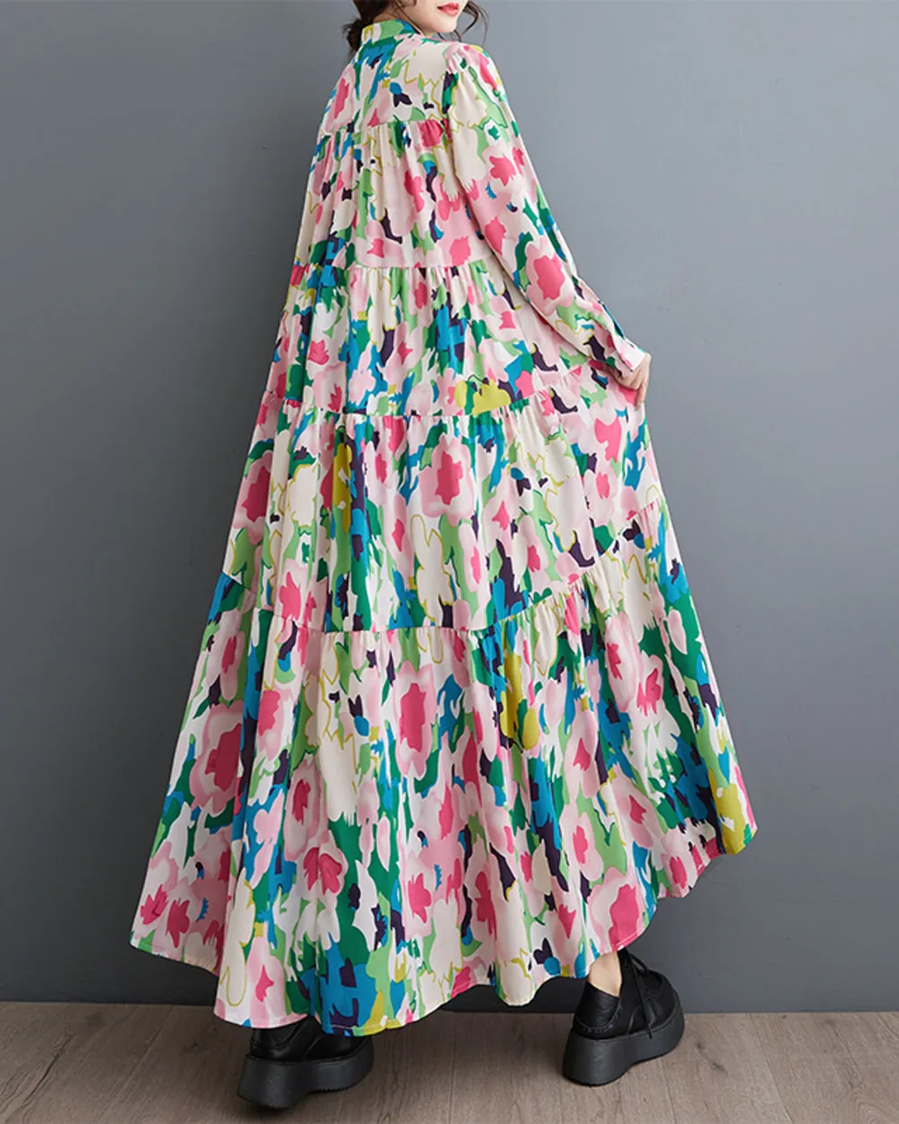 ellazhu Women's Long Sleeves Maxi Length Patchwork Floral Print Flowy Hem Dress GZ158
