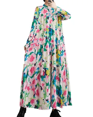 ellazhu Women's Long Sleeves Maxi Length Patchwork Floral Print Flowy Hem Dress GZ158