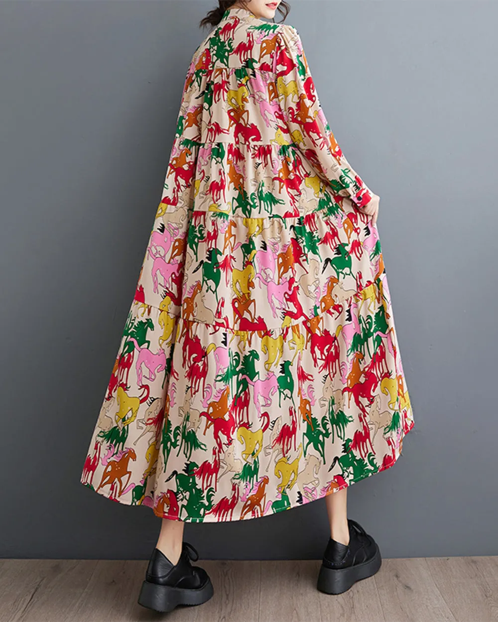 ellazhu Women's Long Sleeves Maxi Length Patchwork Floral Print Flowy Hem Dress GZ158
