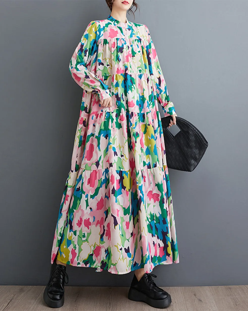 ellazhu Women's Long Sleeves Maxi Length Patchwork Floral Print Flowy Hem Dress GZ158