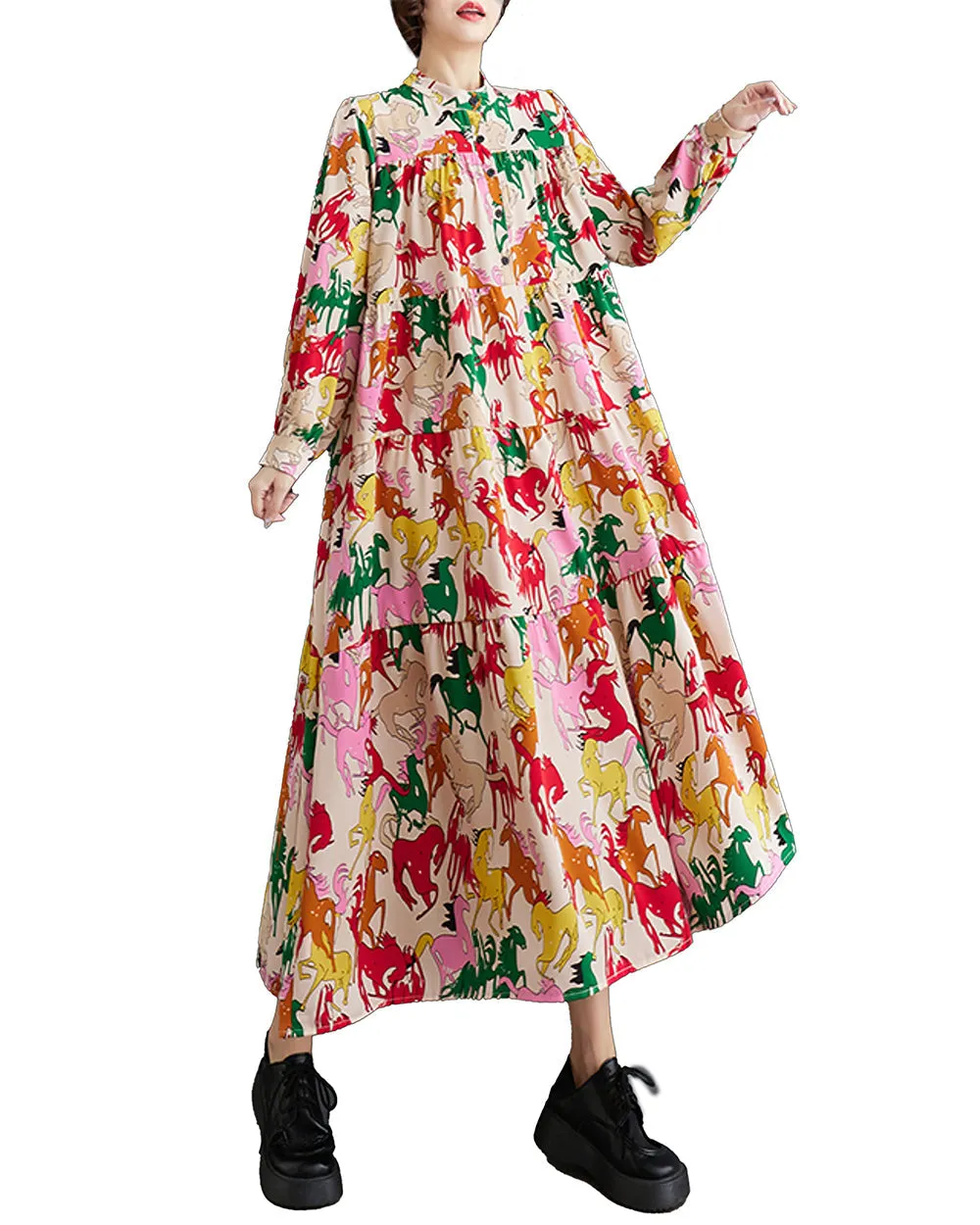 ellazhu Women's Long Sleeves Maxi Length Patchwork Floral Print Flowy Hem Dress GZ158