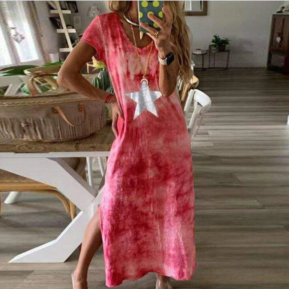 FashionSierra - Fashion Women Tie-dye Long Maxi Loose Dress Ladies Short Sleeve V Neck Summer Holiday Party Beach Sundress