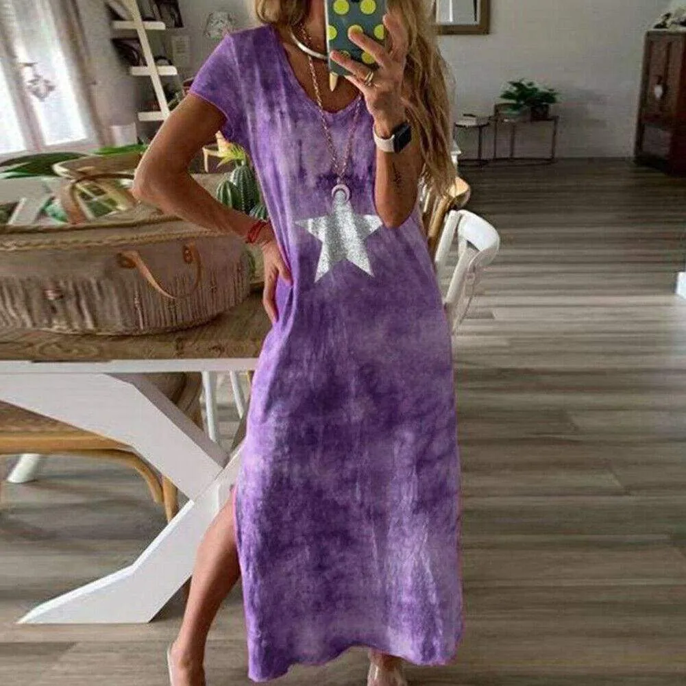 FashionSierra - Fashion Women Tie-dye Long Maxi Loose Dress Ladies Short Sleeve V Neck Summer Holiday Party Beach Sundress