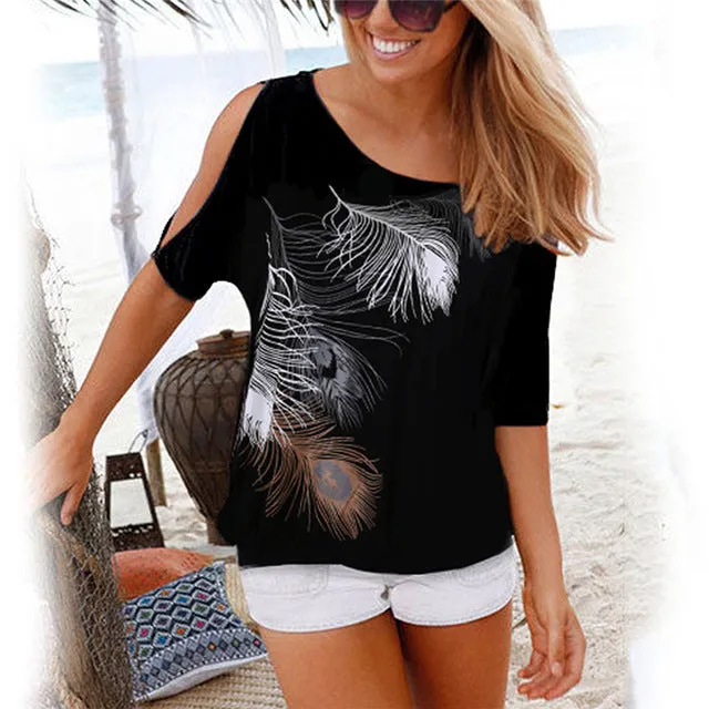 Female Casual Streetwear O-Neck Off-the-shoulder Blouse With Feather Print