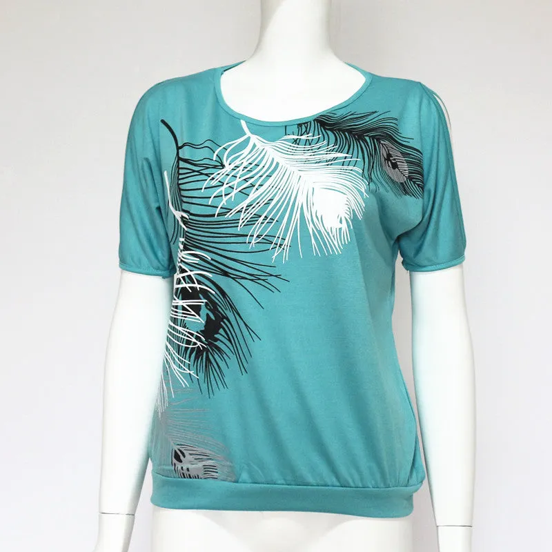 Female Casual Streetwear O-Neck Off-the-shoulder Blouse With Feather Print