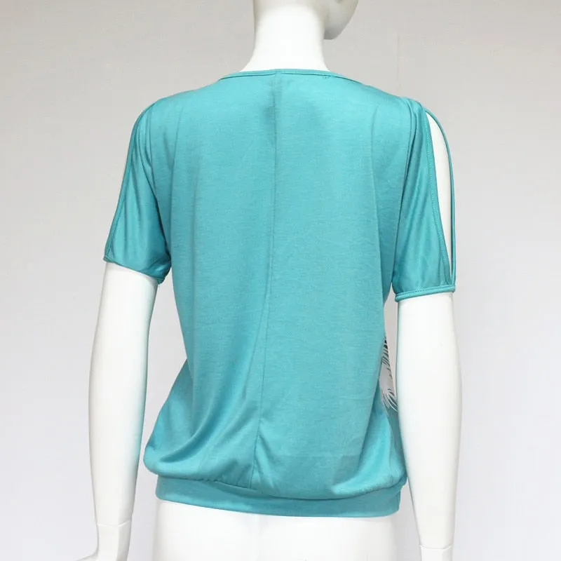 Female Casual Streetwear O-Neck Off-the-shoulder Blouse With Feather Print