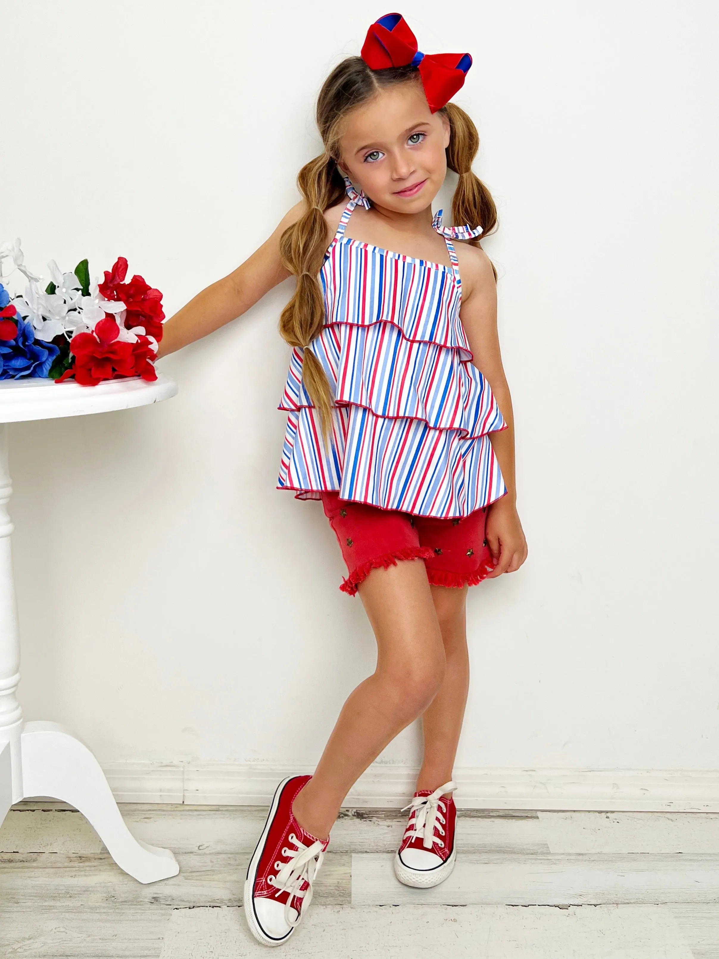 Free To Be Me Striped Top and Frayed Denim Shorts Set