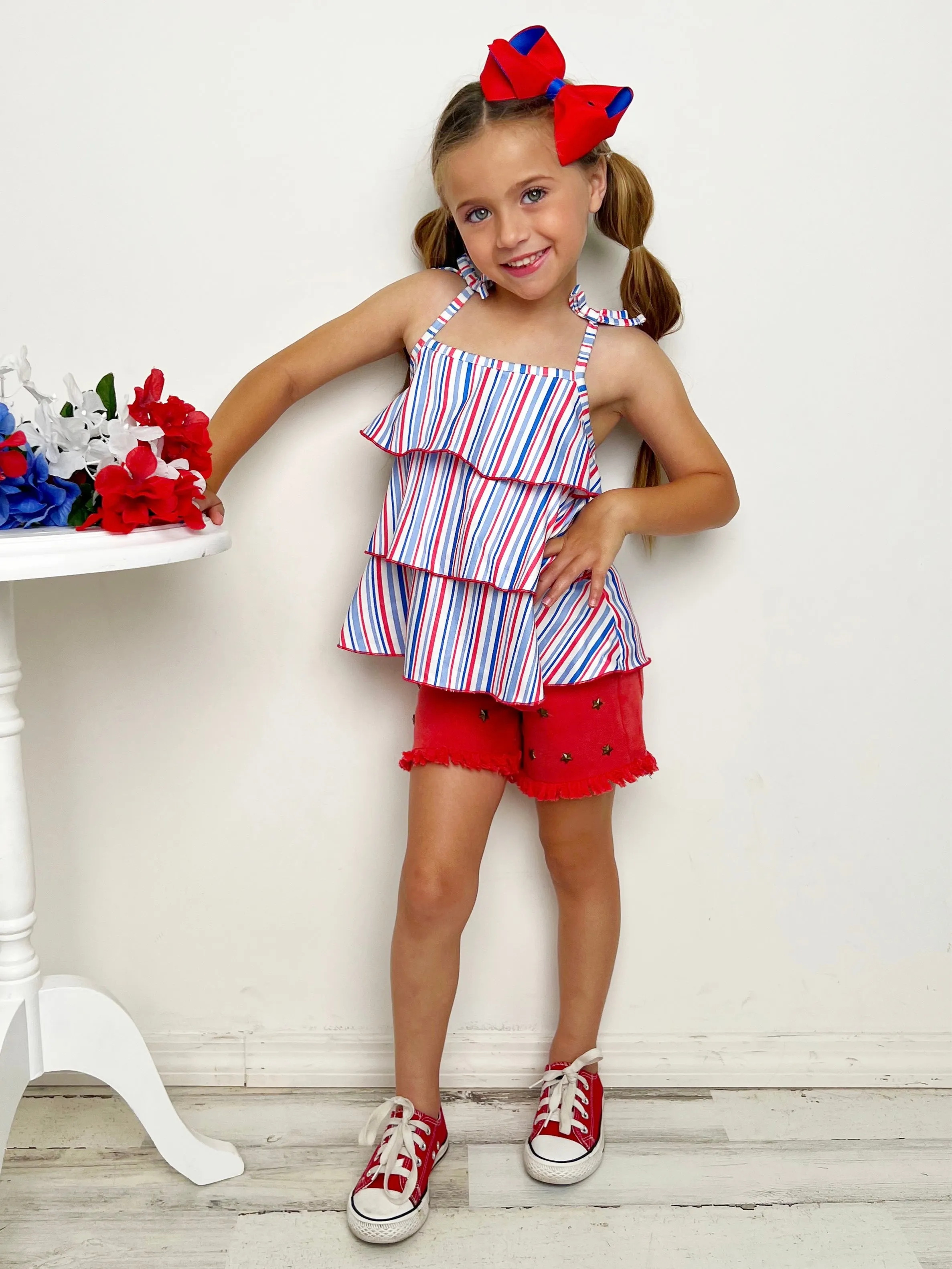 Free To Be Me Striped Top and Frayed Denim Shorts Set