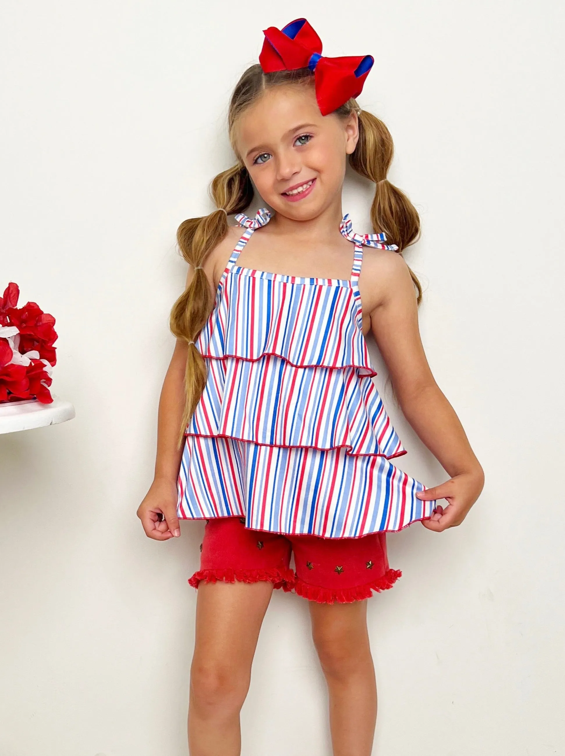 Free To Be Me Striped Top and Frayed Denim Shorts Set