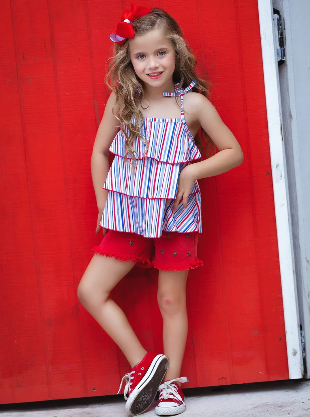 Free To Be Me Striped Top and Frayed Denim Shorts Set