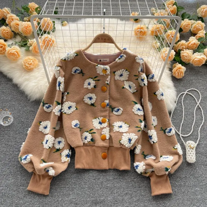 French Style Vintage 3D Flower Slim Short Cardigan Jacket