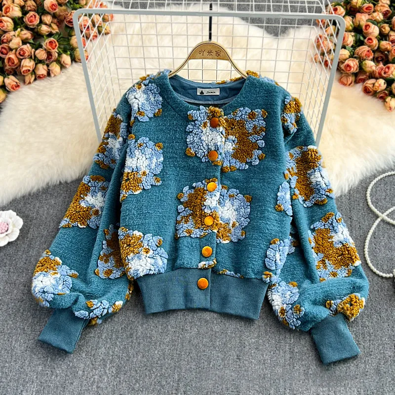 French Style Vintage 3D Flower Slim Short Cardigan Jacket